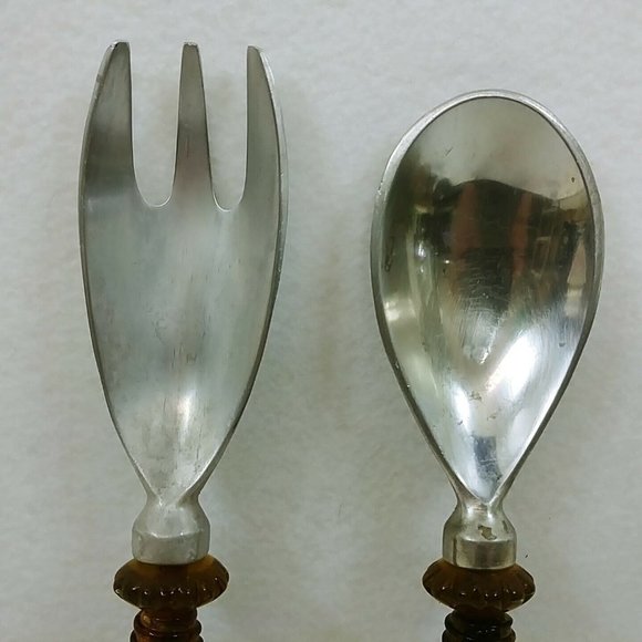 Salad Fork Spoon Amber Plastic Handle Glitter Interior Aluminum Ends Retro Vtg - Picture 8 of 9